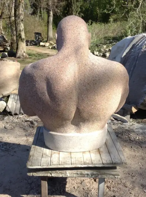 Spēkavīra statuja, muskuļota figūra, no mugurpuses, kas veido lielisku gaismasēnas spēli