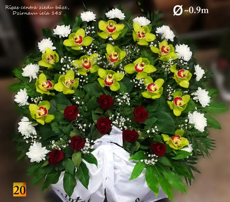 похоронный венок с орхидеями, розами и хризантемой,