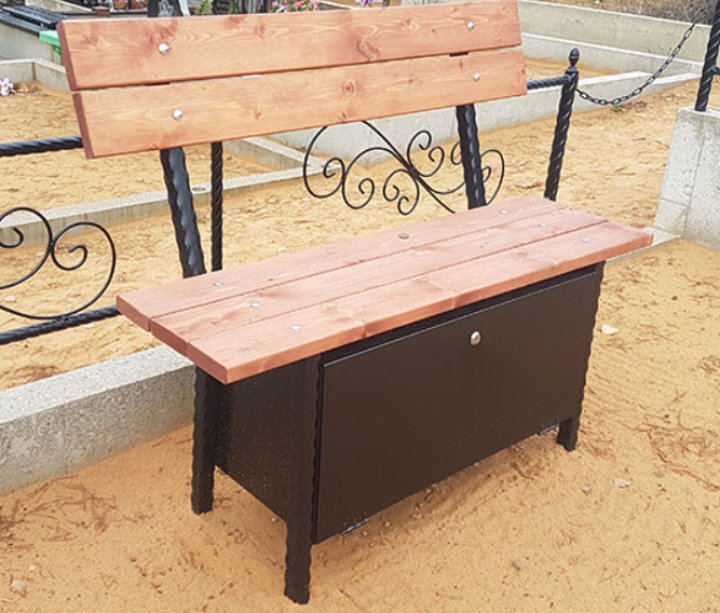 Wooden grave bench with backrest on wrought metal legs