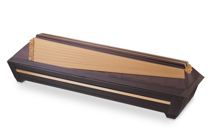 Wooden coffin with two types of fabric draping