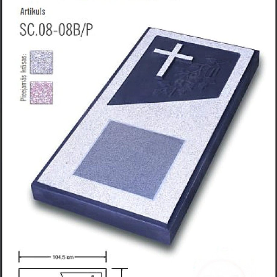 Closed concrete gravestone with marble granules, a granite plaque and a Catholic cross