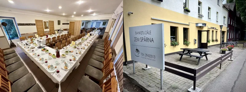 Kollāža ar klātiem galdiem un ieejas foto restorānā Zem spārna Tēraudlietuves 8, Rīga