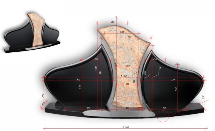 Divvietīgais kapakmens ar izliektu sarkano granīta akcentu Elegance A